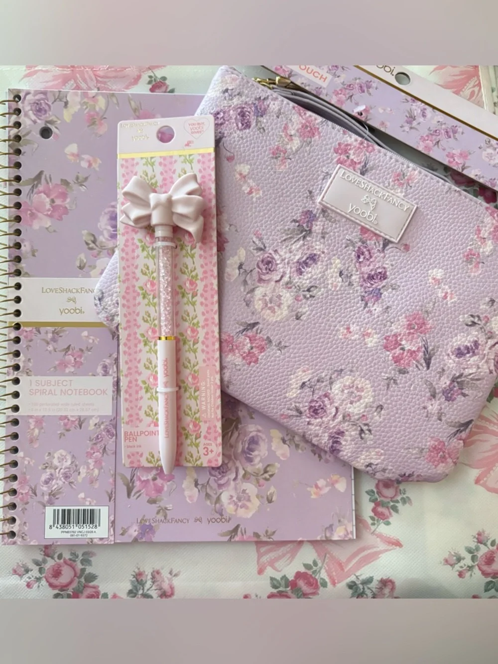 LoveShackFancy x Target Yoobi Lavender Floral Zip Pouch with Pink Bow Pen